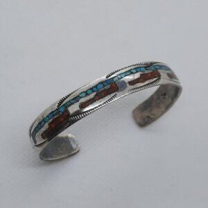 Vintage Native American Turquoise & Coral Inlay Sterling Silver Cuff Bracelet